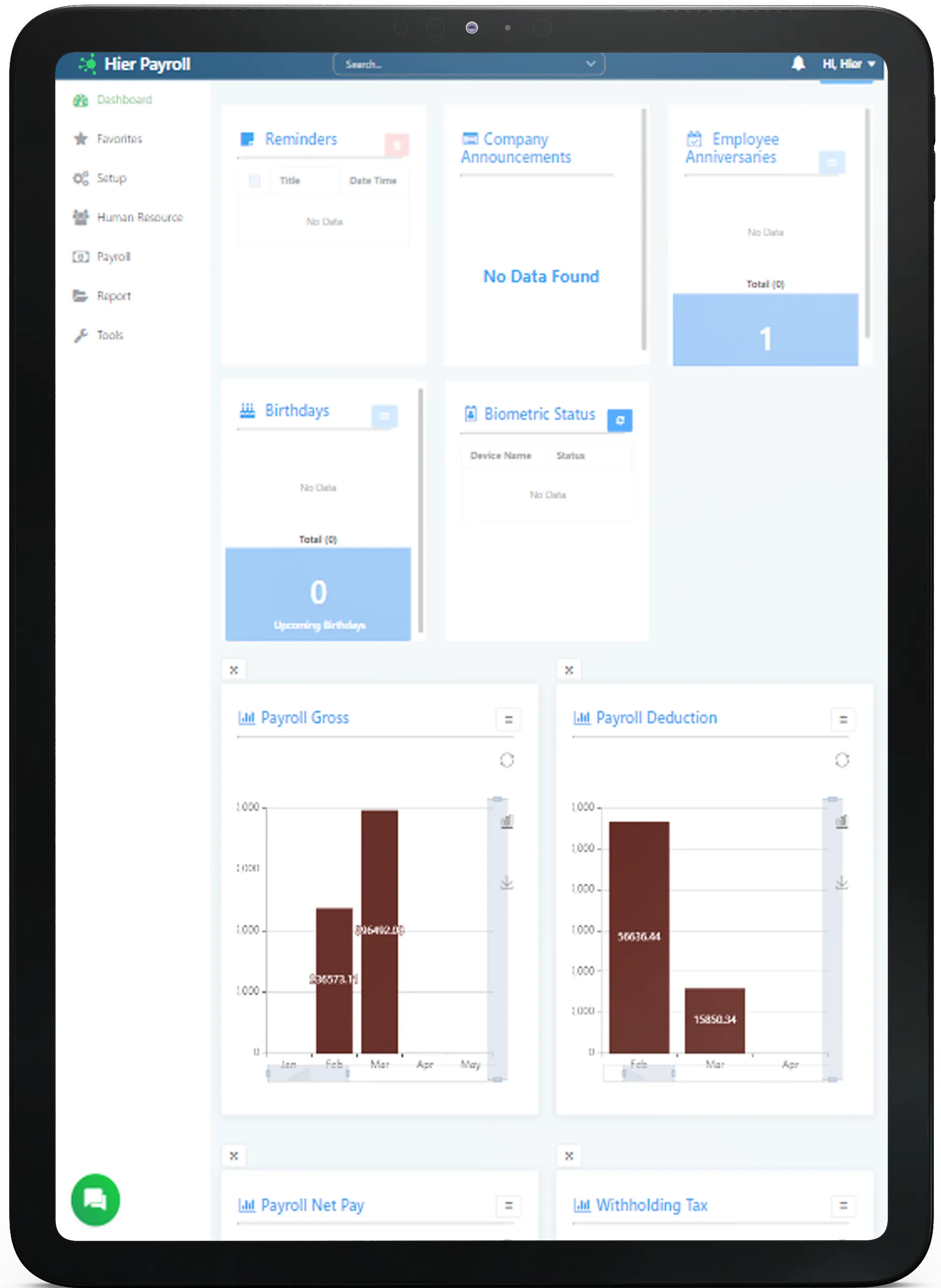 Tablet display showing Hierpayroll's dashboard