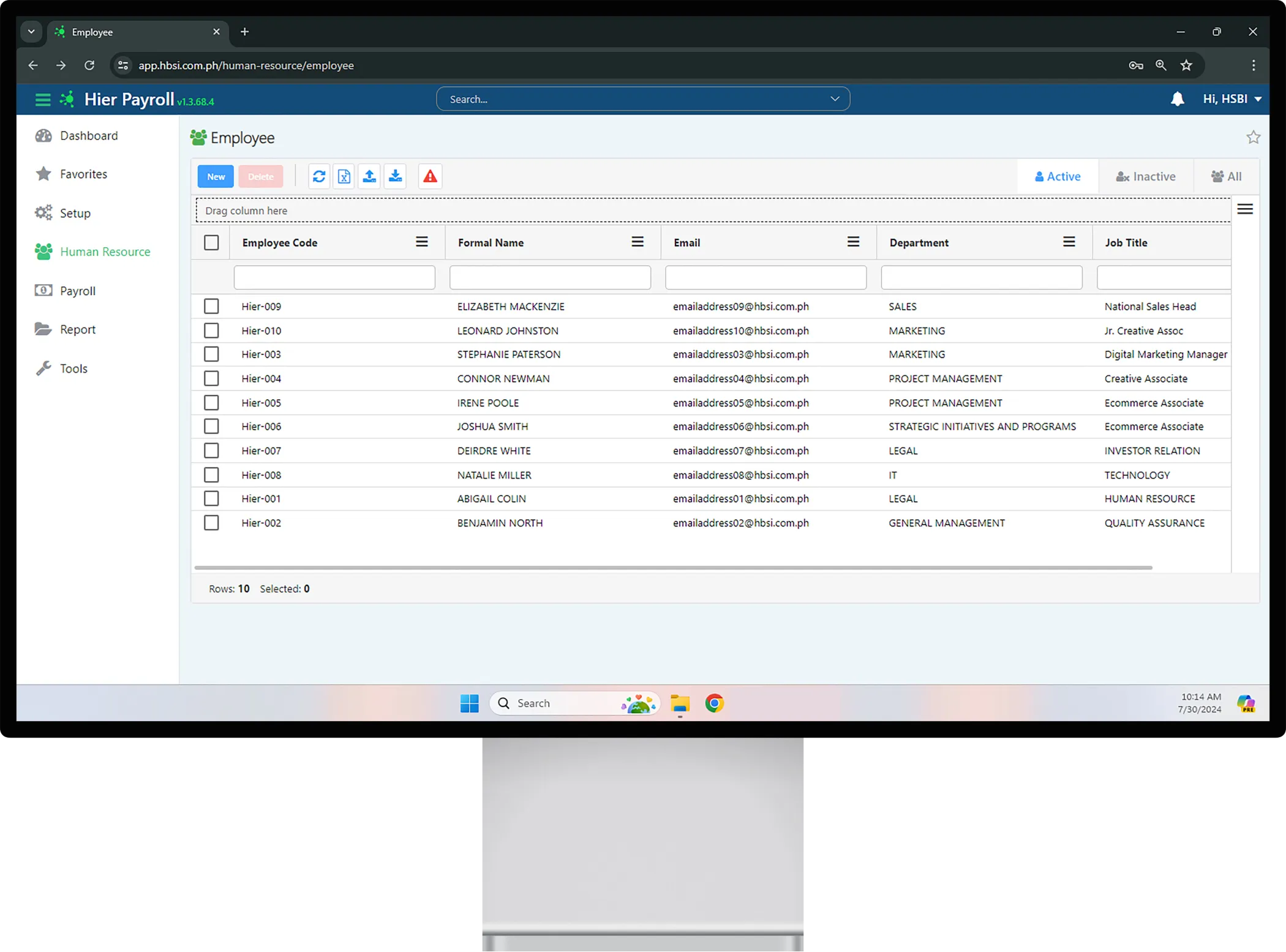 Monitor display showcasing Hierpayroll's Hier Grid containing list of employees