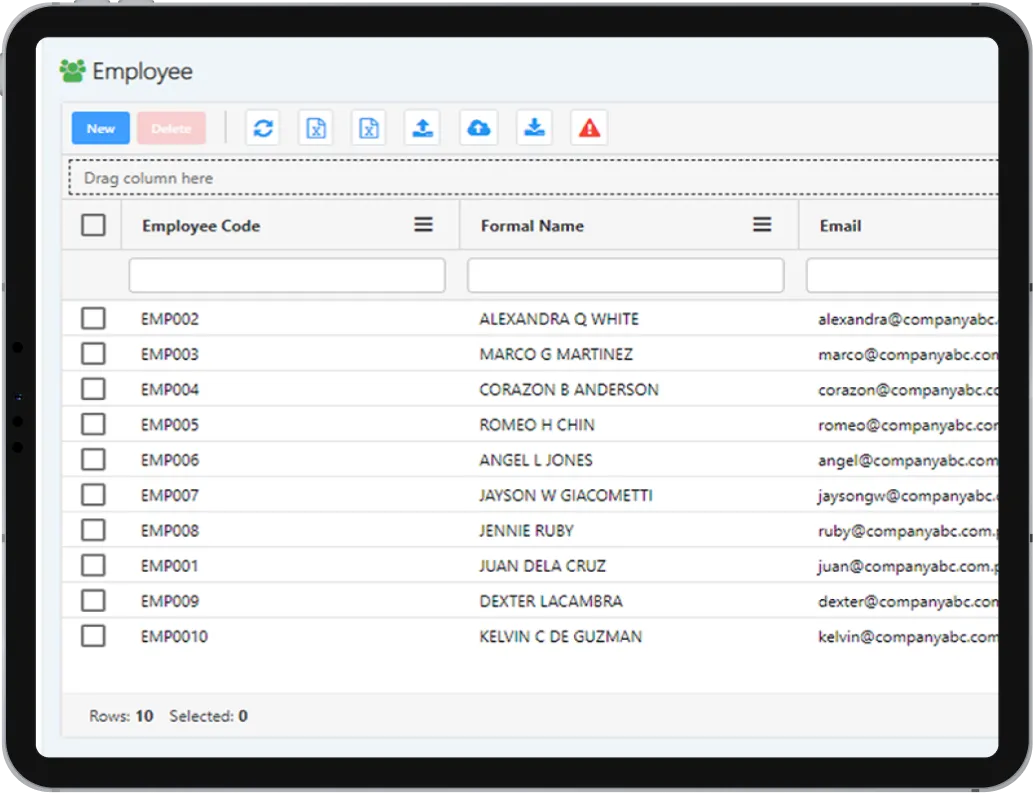 Tablet display showcasing Hierpayroll's Hier Grid containing list of employees