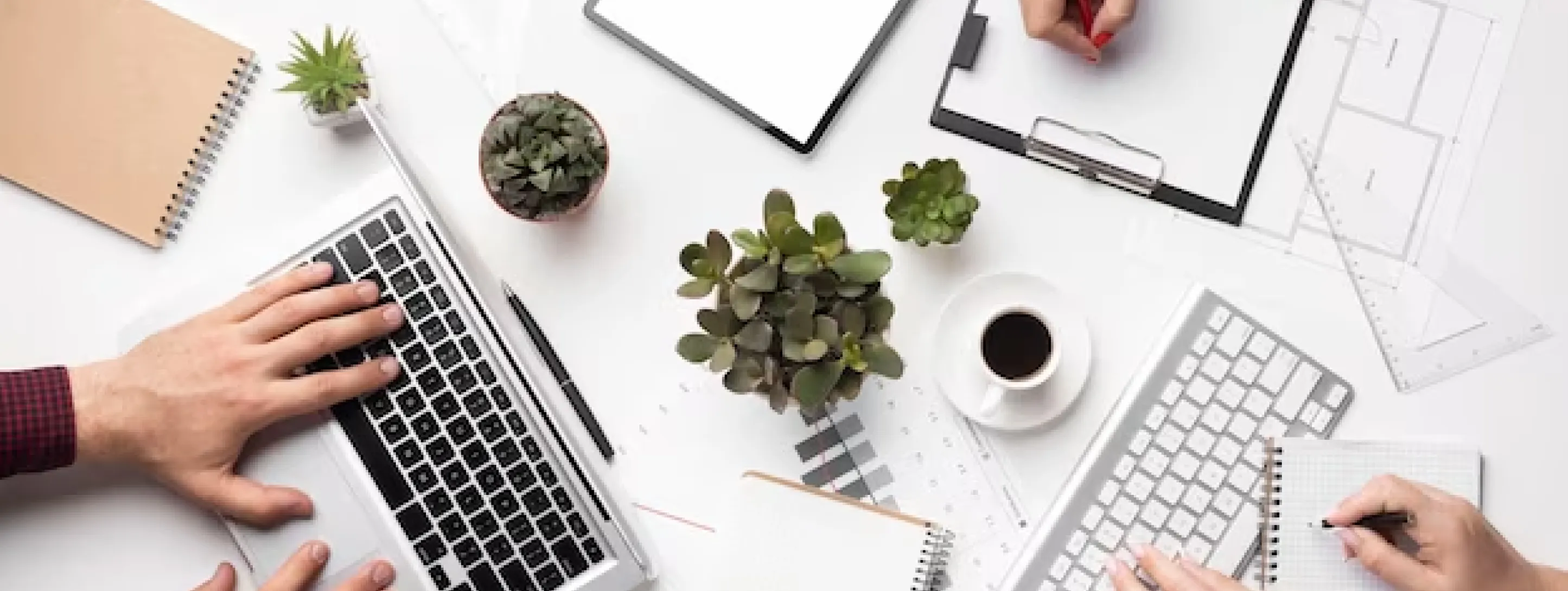 Top view of a working desk with a laptop, coffee, notebook and a plant